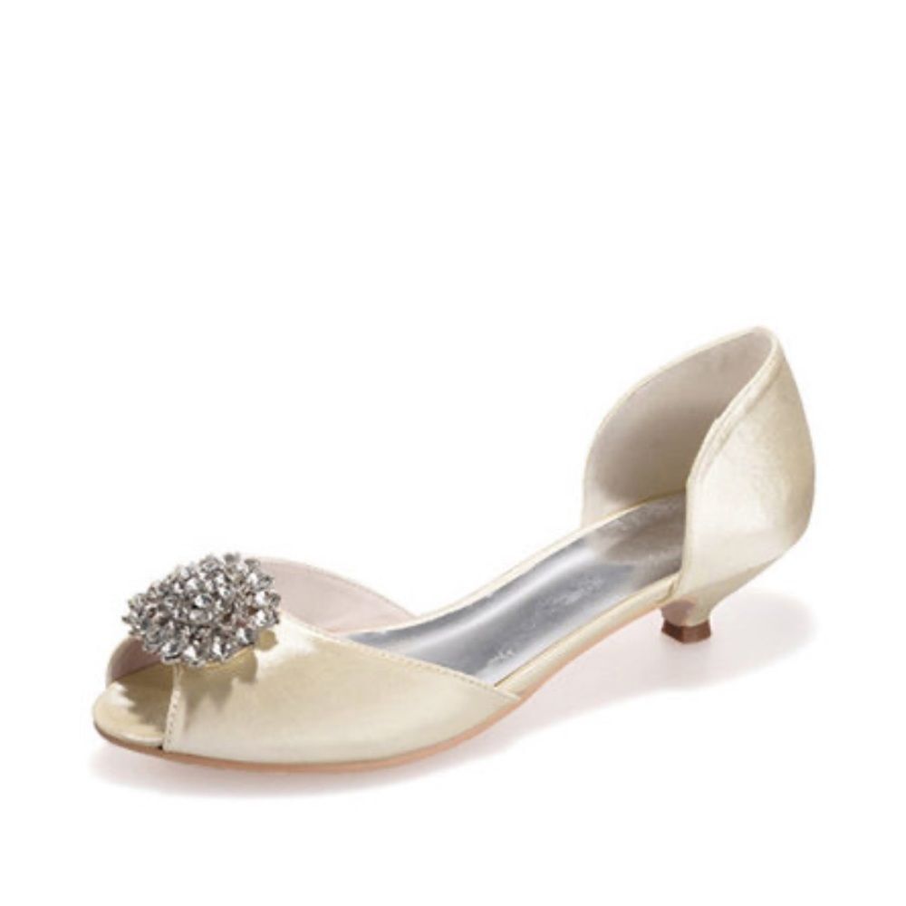 Women's Satin Kitten Heel Peep Toe With Rhinestone champagne color size 6.5-7